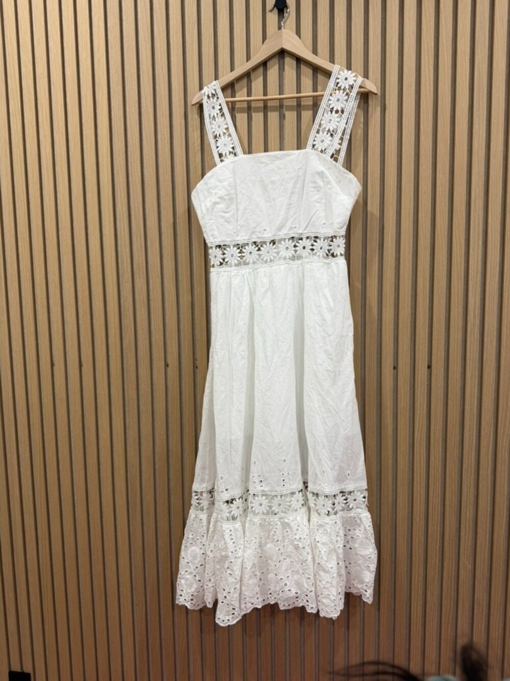 White Eyelet Midi Dress with Lace Straps